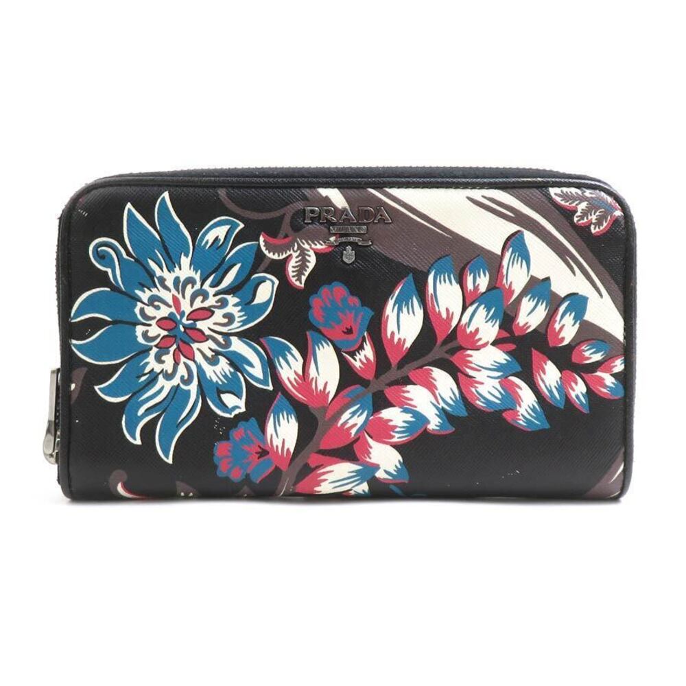 Prada Round Zip Long Wallet Leather Black Multicolor